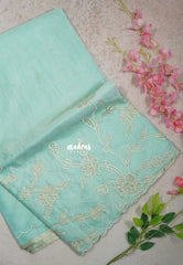 Creamy Turquoise Green - Shalini - Premium Super Net Saree with Floral Embroidery Border - Best for Office Wear / Hightea party