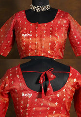 Golden Shade Orange Red - Shimmering Gold Tissue Silk Cotton Readymade Blouse