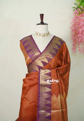 Rust Orange - Sico Gadwal Semi Silk Checks with Temple Border - Best for Wedding Functions