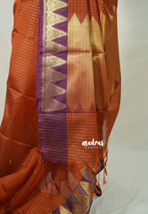Rust Orange - Sico Gadwal Semi Silk Checks with Temple Border - Best for Wedding Functions
