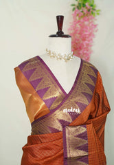 Rust Orange - Sico Gadwal Semi Silk Checks with Temple Border - Best for Wedding Functions