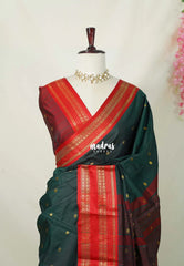 Midnight Green - Sico Gadwal semi silk with Rettapet Rudraksham Border - Best for Wedding Functions