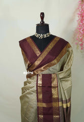Taupe Grey-Flower Border - Sico Gadwal Semi Silk Checks with Rettapet Flower Border - Best for Wedding Functions