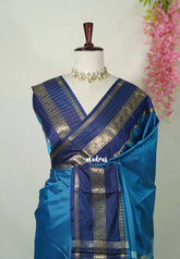 Peacock Blue - Sico Gadwal Semi Silk Plain with Mango Border - Best for Wedding Functions