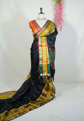 Jet Black Sico Gadwal Semi Silk Saree with Traditional Rettapet Border & Buttas | Elegant Wedding Wear Saree