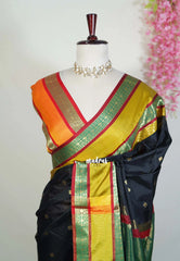 Jet Black Sico Gadwal Semi Silk Saree with Traditional Rettapet Border & Buttas | Elegant Wedding Wear Saree
