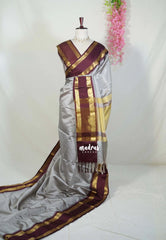 Dove Grey - Sico Gadwal Semi Silk Checks with Traditonal Rudraksham Border - Best for Wedding Functions | Temple Visit