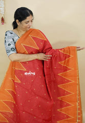 Red - Silk Linen saree with Temple Border
