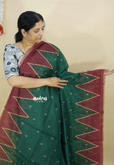 Dark Green - Silk Linen saree with Temple Border
