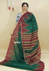 Dark Green - Silk Linen saree with Temple Border