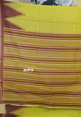 Greenish yellow - Silk Linen saree Floral Prints with Temple Border