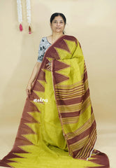 Greenish yellow - Silk Linen saree Floral Prints with Temple Border