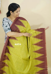 Greenish yellow - Silk Linen saree Floral Prints with Temple Border