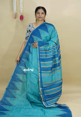 Sky Blue - Silk Linen saree  with Temple Border