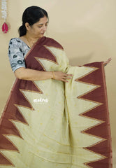 Beige - Silk Linen saree with Temple Border
