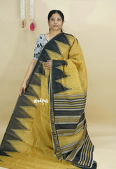 Pastel Mustard Yellow - Silk Linen saree with Temple Border