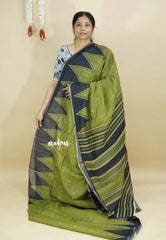 Olive Green - Silk Linen saree with Temple Border