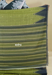 Olive Green - Silk Linen saree with Temple Border