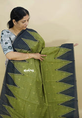 Olive Green - Silk Linen saree with Temple Border