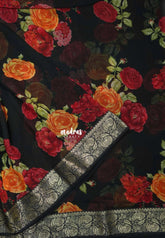 Nightfall Black - Soft and Breezy Silky Georgette with Rose Flower Prints and Floral Zari Border - Best for Office Wear