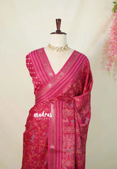 (PRE-BOOKING) Raspberry Pink - Silky Georgette with Jamdani Prints and Kantha Stitch Border - Best for Regular Wear | Casual Wear