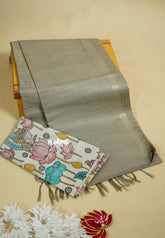 Pastel Grey - Sithara - Semi Tussar saree with kalamkari silk blouse
