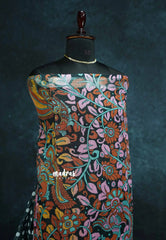 Black - Soft Linen cotton polka dots with kalamkari floral pallu and blouse