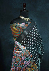 Black - Soft Linen cotton polka dots with kalamkari floral pallu and blouse