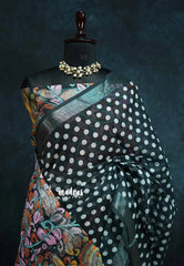 Black - Soft Linen cotton polka dots with kalamkari floral pallu and blouse