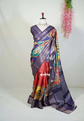 Rangoli Brick Red - Ananya - Soft Mangalore Silk Saree with Kalamkari Prints Partly Pallu - Best for small function