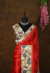 Vermilion Orange - Seetha - Soft Mangalore silk floral design with Border and tiny temple zari - Best for small functions