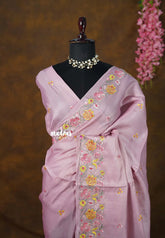 Onion Pink - Soft Butter Silk with Floral Embroidery - Perfect for Small Functions