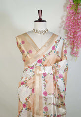 Ivory with Muted Sand Brown - Soft Muslin Silk Saree with Zari Stripes Weaving and Tissue Pallu | Elegant Office Wear Saree | Casual Wear