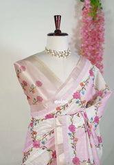 Ivory with Onion Pink - Soft Muslin Silk Saree with Zari Stripes Weaving and Tissue Pallu | Elegant Office Wear Saree | Casual Wear