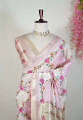 Ivory with Onion Pink - Soft Muslin Silk Saree with Zari Stripes Weaving and Tissue Pallu | Elegant Office Wear Saree | Casual Wear