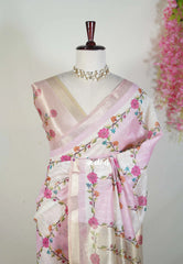 Ivory with Onion Pink - Soft Muslin Silk Saree with Zari Stripes Weaving and Tissue Pallu | Elegant Office Wear Saree | Casual Wear