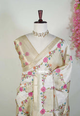 Ivory with Olive Tone - Soft Muslin Silk Saree with Zari Stripes Weaving and Tissue Pallu | Elegant Office Wear Saree | Casual Wear