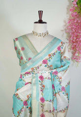 Ivory with Muted Teal Blue - Soft Muslin Silk Saree with Zari Stripes Weaving and Tissue Pallu | Elegant Office Wear Saree | Casual Wear