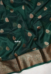 Midnight Emerald Green - Soft Organza Silk with Zari Weaving with Banarasi Antique Border - Best for wedding reception