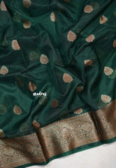 Midnight Emerald Green - Soft Organza Silk with Zari Weaving with Banarasi Antique Border - Best for wedding reception