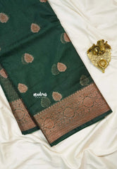 Midnight Emerald Green - Soft Organza Silk with Zari Weaving with Banarasi Antique Border - Best for wedding reception
