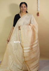 Ivory Off-White - Soft Organza silk with stripes weaving with small zari border