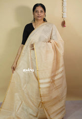 Ivory Off-White - Soft Organza silk with stripes weaving with small zari border