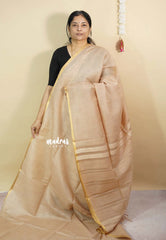 Light Coffee Brown - Soft Organza silk with stripes weaving with small zari border