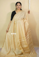 Golden Beige - Soft Organza silk with stripes weaving with small zari border