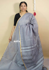 Grey - Soft Organza silk with stripes weaving with small zari border