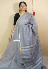Grey - Soft Organza silk with stripes weaving with small zari border