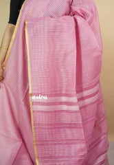 Pink - Soft Organza silk with stripes weaving with small zari border