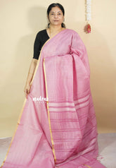 Pink  - Soft Organza silk with stripes weaving with small zari border