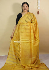 Mustard Yellow - Soft Organza silk with stripes weaving with small zari border